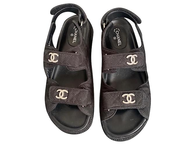 Sandálias Chanel Preto Lona  ref.500921