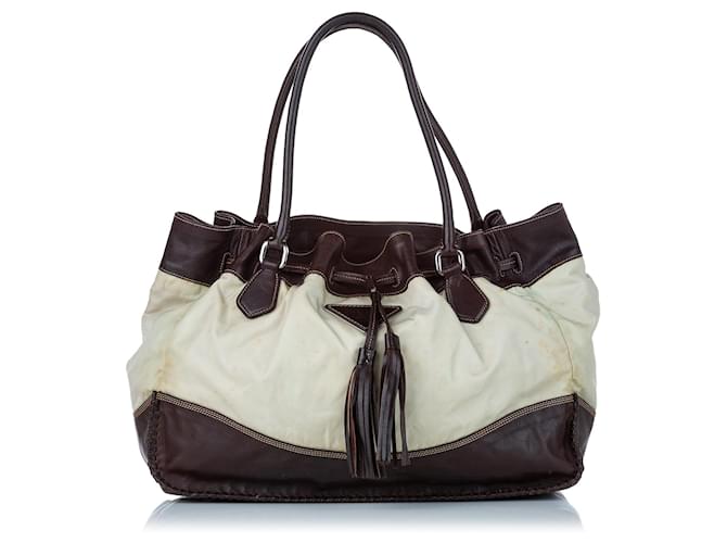 Prada Brown Tessuto Drawstring Tote Bag Beige Dark brown Leather Pony-style calfskin Nylon Cloth  ref.501119