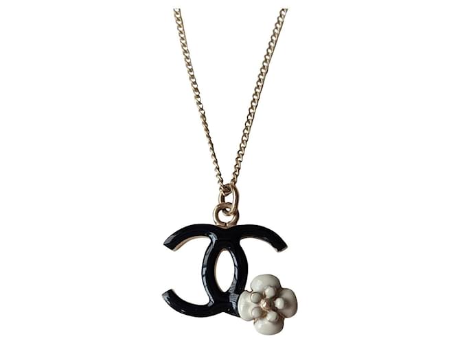 Chanel CC 08A GHW Logo Camellia Enamel Black Necklace with box Golden Metal  ref.501532