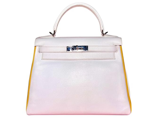 Hermès A very special and rare two tone Kelly Retourne size 28 cm in White Epsom and Jaune Ambre and Palladium Hardware. Leather  ref.501542