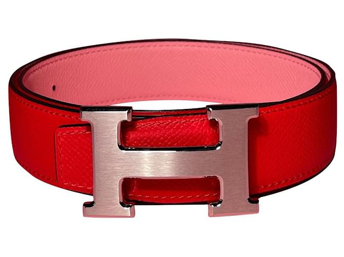 Hermès Cinturón hermes constance Rosa Roja Cuero  ref.501570