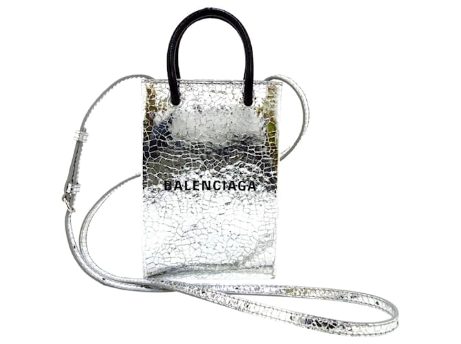 Balenciaga Silver Shopping Phone Holder Black Silvery Leather Pony