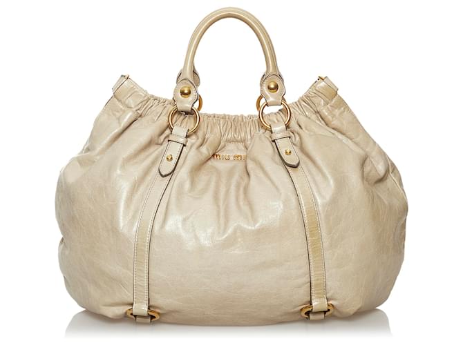 Miu Miu White Vitello Shine Satchel Cream Leather Pony-style