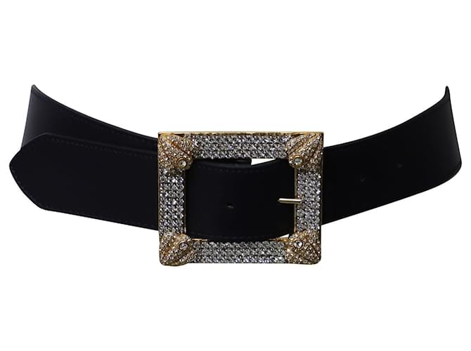 Alessandra Rich Belt with Crystal Embellished Buckle in Black