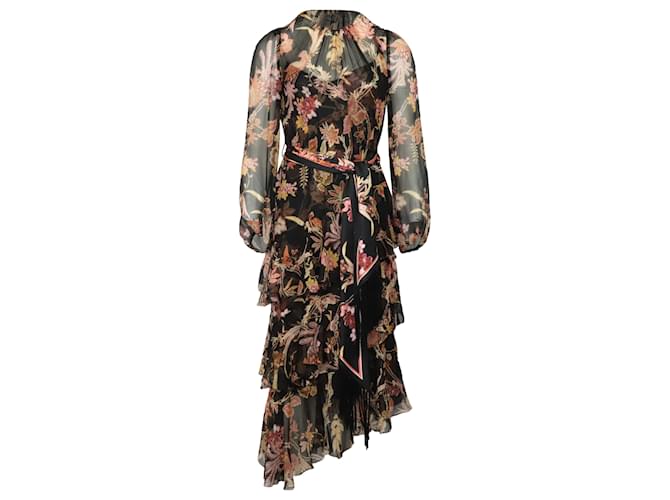 Zimmermann Wavelength Floral Tiered Ruffle Tie-Waist Midi Dress in Black Silk  ref.502272