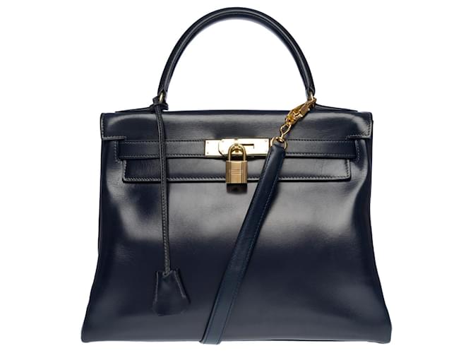 Hermès Splendida borsa Hermes Kelly 28 tracolla rivoltata in pelle box blu navy, finiture in metallo placcato oro  ref.502605