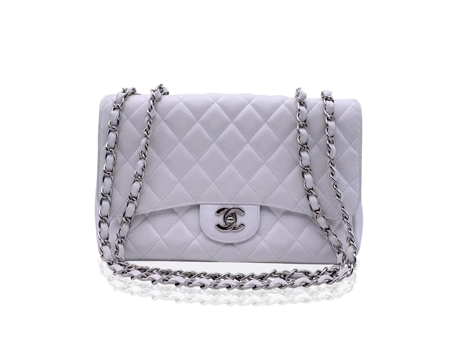 Chanel White Quilted Caviar Jumbo Timeless Classic Flap 2.55 Bag
