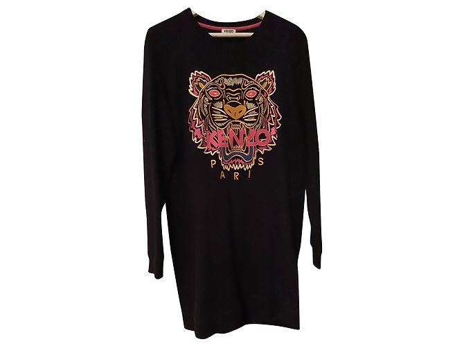 Kenzo Schwarzes Langarmkleid aus Baumwolle mit gesticktem Logo