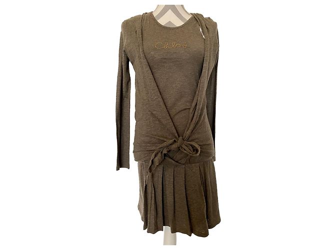 Vestido Chloé Marrom de Algodão e Lã Efeito Trompe l'oeil