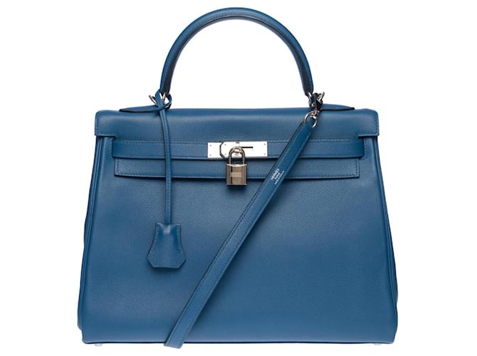 Hermès Esplêndida bolsa Hermes Kelly 32 virado em couro Evercolor Bleu Agate, guarnição de metal prata paládio Azul  ref.503278