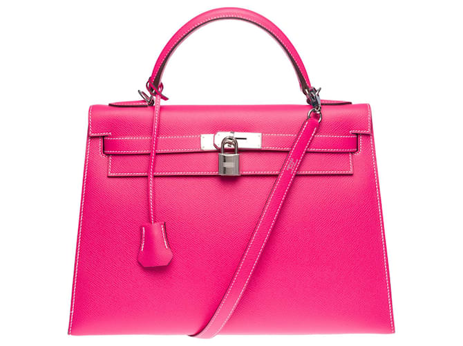 Hermès Extremely rare Hermes Kelly saddler handbag 32 shoulder strap in lipstick pink epsom leather with white topstitching, palladium silver metal trim  ref.503331