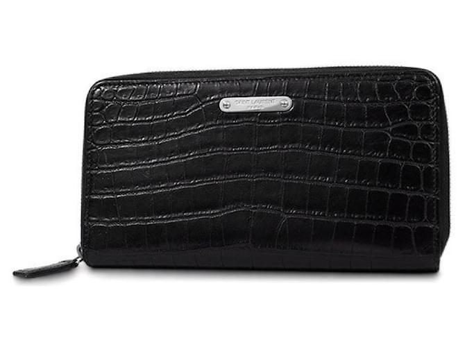 Yves Saint Laurent [Usado] Saint-Laurent Paris Monedero con cremallera redonda Croco cuero gofrado negro  ref.503656