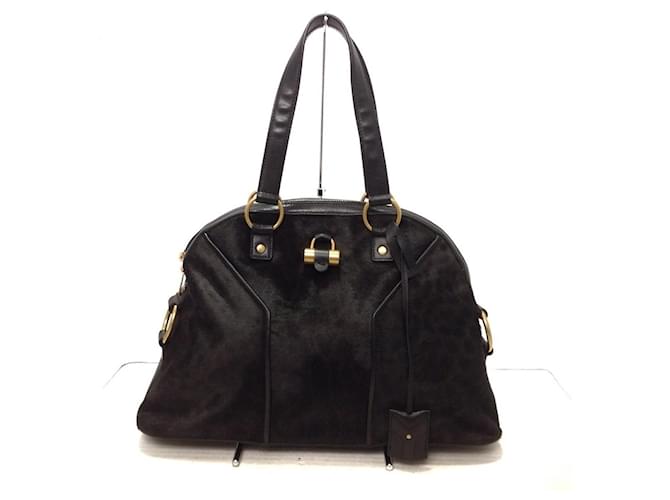 [Usado] Yves Saint Laurent rivegauche (YSL) Muse bag Bolso de mano Estampado leopardo Negro Harako x Leather Cuero  ref.503659