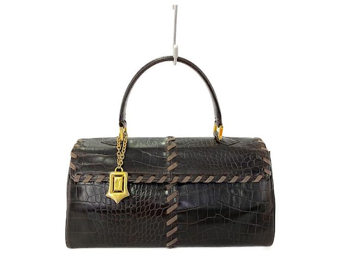 [Used] Yves Saint Laurent crocodile embossed handbag with charm Brown Golden Leather  ref.503661