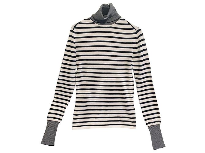 Zara Strickpullover aus Baumwolle mit Rollkragen gestreift Navy Weiß Marineblau