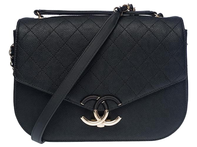 Esplêndida e rara bolsa Chanel Coco Cuba com aba média em couro caviar preto, guarnição de metal champanhe  ref.504283