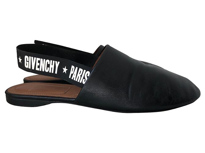 GIVENCHY Rivington Logo Elastic Slingback Black Leather Flats Mules sz 38 Pre-Owned