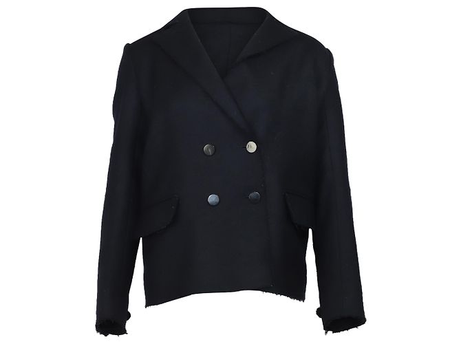 Helmut Lang Distressed Blazer in Navy Blue Wool