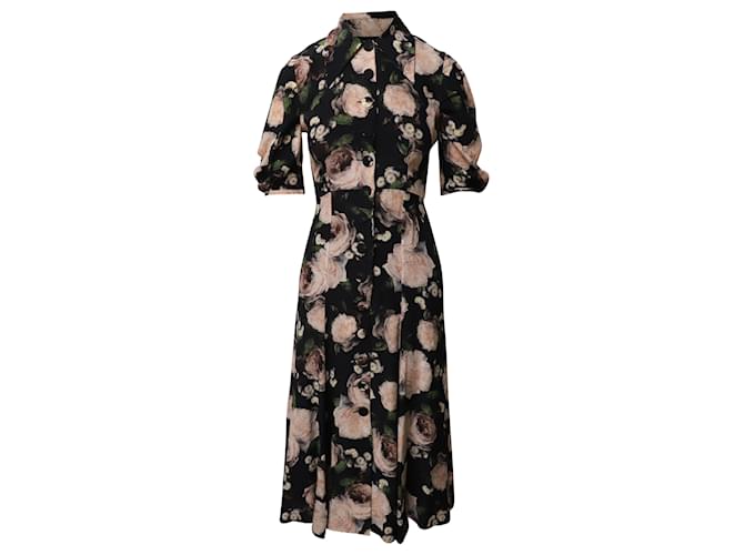 Erdem Rose Print Short Sleeved Midi Dress in Black Silk  ref.504411
