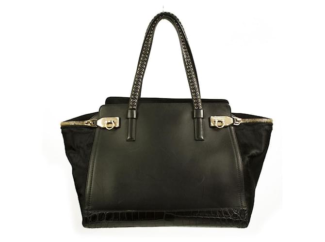 Salvatore Ferragamo black leather, pony fur & croc embossed tote shopper bag  ref.504714