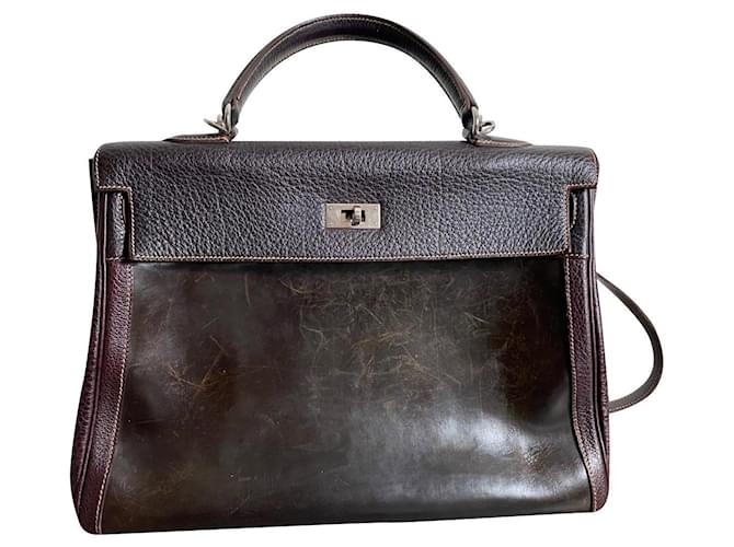 Hermès Kelly Amazonia Buffalo Skipper bag Dark brown Leather  ref.504741
