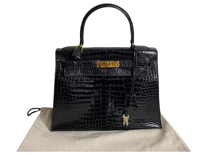 Hermès Kelly Tasche 28 schwarzes Kroko glatt cc Exotisches Leder  ref.504745
