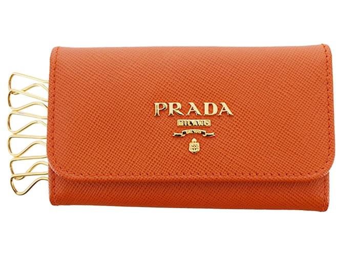 PRADA Orange Saffiano Leather Wallet Key Chain - The Purse Ladies