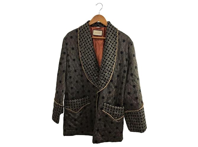 gucci 19AW / dot Gucci pattern haori jacket / 46 / rayon / NVY / total  pattern