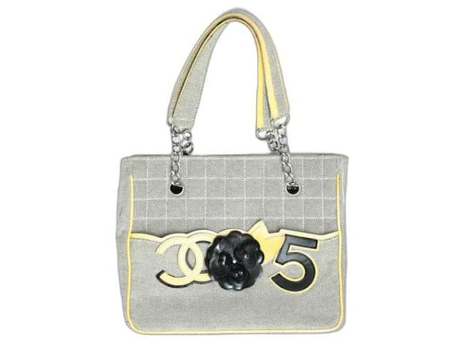 *[Used] CHANEL Chocolate Bar Camellia No.5 Chain Flower Handbag Tote Bag  Canvas Patent Lambskin Ladies Yellow Gray Yellow Black