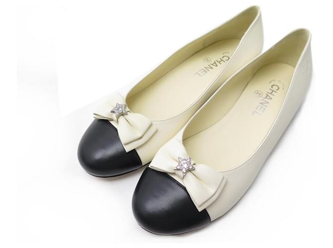 NEW CHANEL SHOES BALLERINA STARS G30947 39.5 BLACK BEIGE LEATHER SHOES  ref.505738