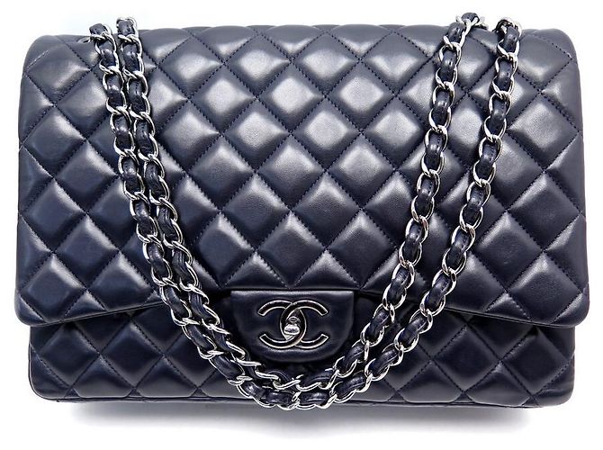 CHANEL CLASSIC TIMELESS MAXI JUMBO BOLSA AZUL MARINHO COURO ACOLCHOADO