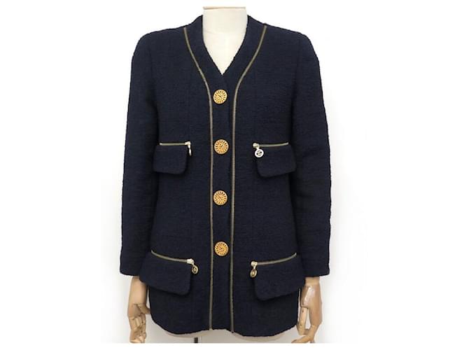 VINTAGE CHANEL JACKET CHAIN BUTTONS S 36 NAVY BLUE WOOL TWEED JACKET  ref.505832