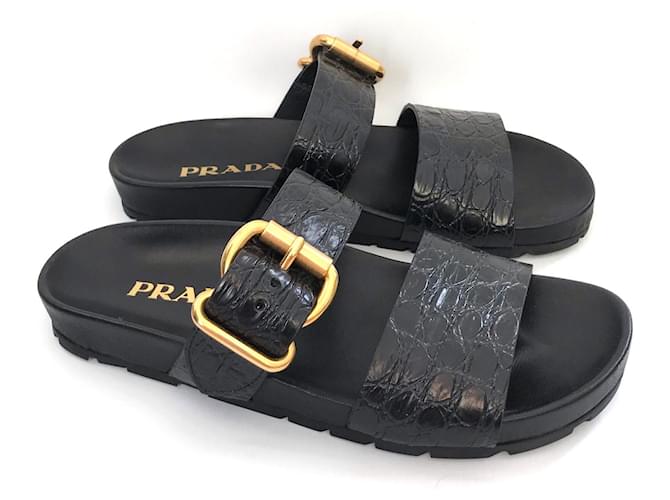 Prada Croc-effect leather slides Black  - Joli Closet