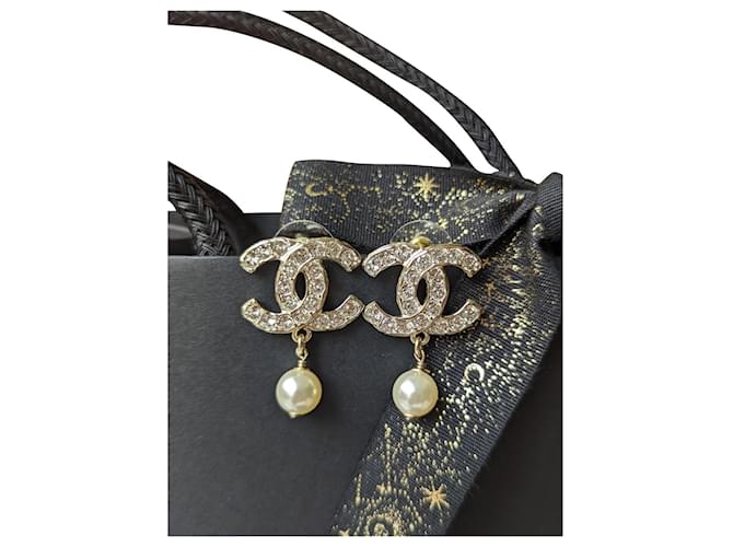Chanel CC Logo Silver and Black Rhinestone Dangle Earrings
