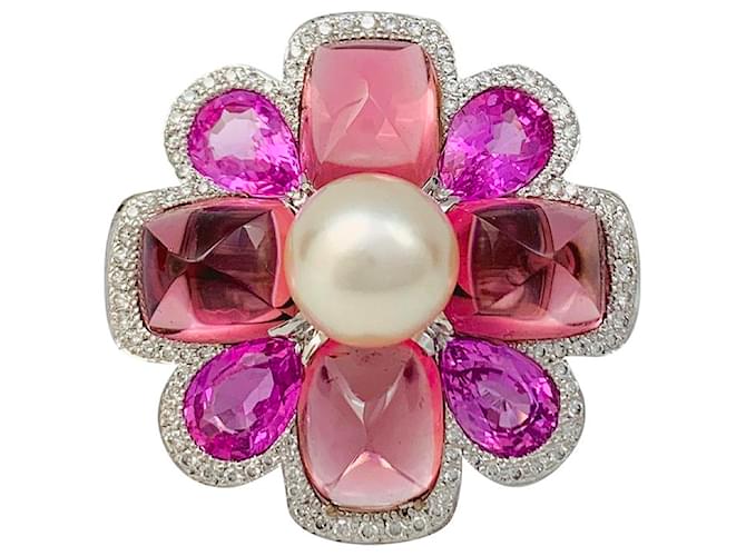 Anel de Chanel, "São Marcos", OURO BRANCO, Pérola, safiras rosa, turmalina rosa, diamantes.  ref.506521