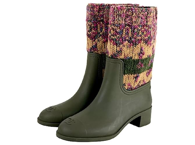 * [Usato] Stivali lunghi in gomma Chanel in maglia color kaki Cachi Di gomma  ref.506625