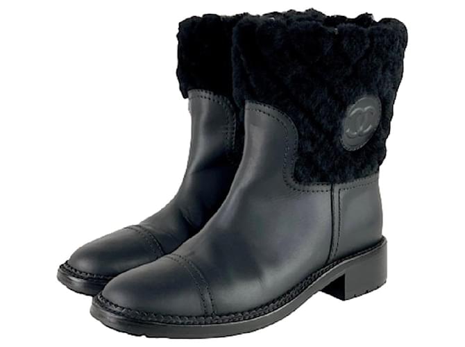 *[Used] Chanel Leather Fur Matrasse Short Boots Black  ref.506628
