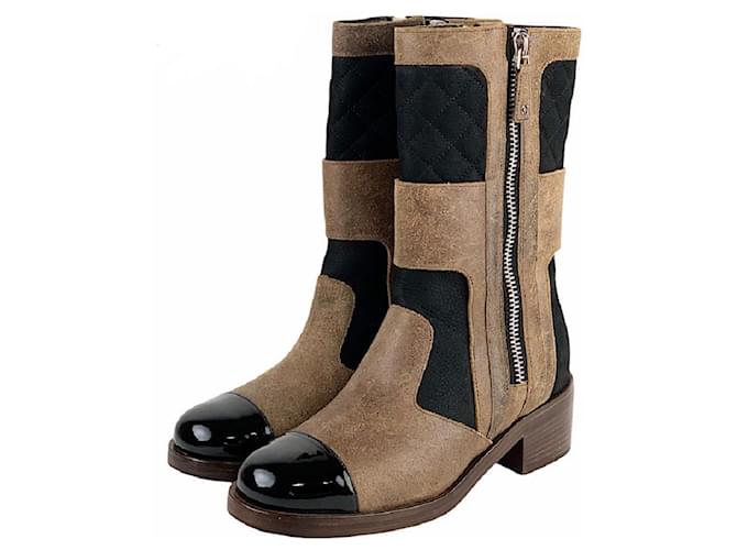 * [Gebraucht] Chanel gefütterte kurze Stiefel mit Reißverschluss, braun, schwarz, zweifarbig Schweden Leder  ref.506630