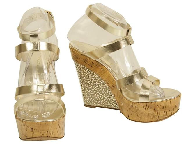 Casadei Gold Leather Beaded Cork Platform Wedge Sandals Heels Shoes 9.5 Golden  ref.506926