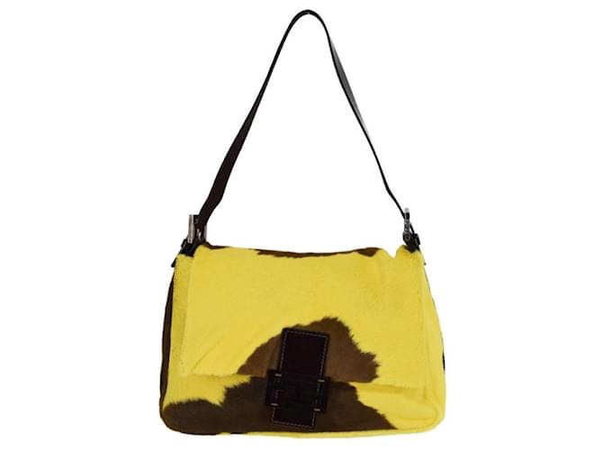 [Used] FENDI Fendi Mamma Bucket Shoulder Bag 26325 Harako Leather Yellow / Dark Brown Ladies Fur Yellow Brown Handbag Cow Pattern  ref.507170