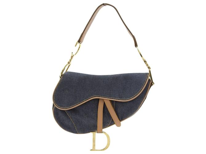 *[Used] Christian Dior Saddle Bag One Shoulder Bag Denim Blue Brown Leather  ref.507449