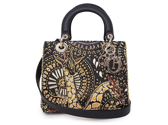 *[Used] Christian Dior Lady Dior Kirin 2Way Dior Hanging Shoulder Handbag Multicolor Embroidery Beads Black Leather Multiple colors  ref.507541
