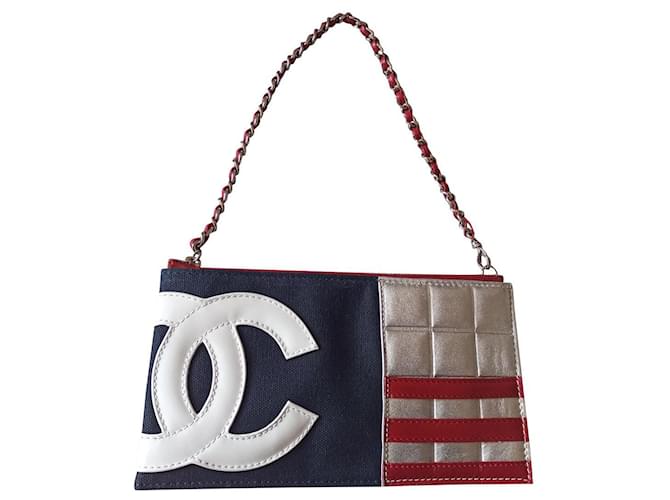Chanel Vintage American Flag Silvery Red Navy blue Leather Cloth