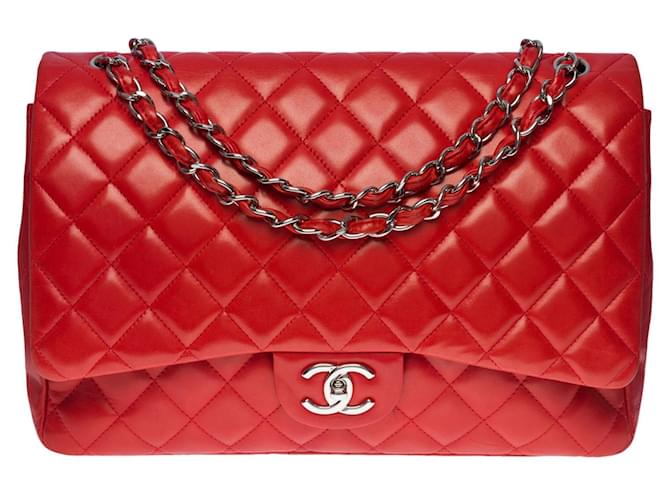 Classique Majestueux sac à main Chanel Timeless Maxi Jumbo en cuir matelassé rouge coquelicot, garniture en métal argenté  ref.507987