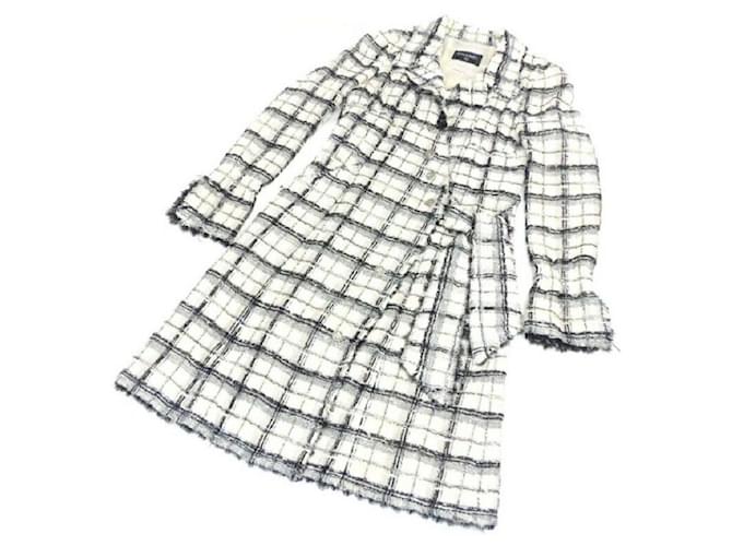 *[Used] CHANEL Tweed Long Coat Check Pattern Side Ribbon Black x White  ref.508242