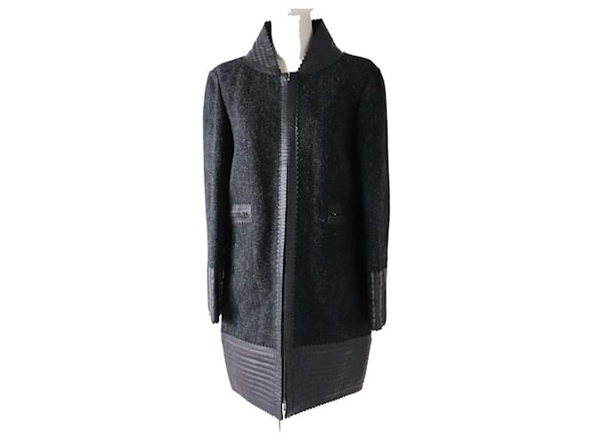 *[Usato] Cappotto francese CHANEL in pelle Tweed ZIP nero x antracite 38 Lana  ref.508251