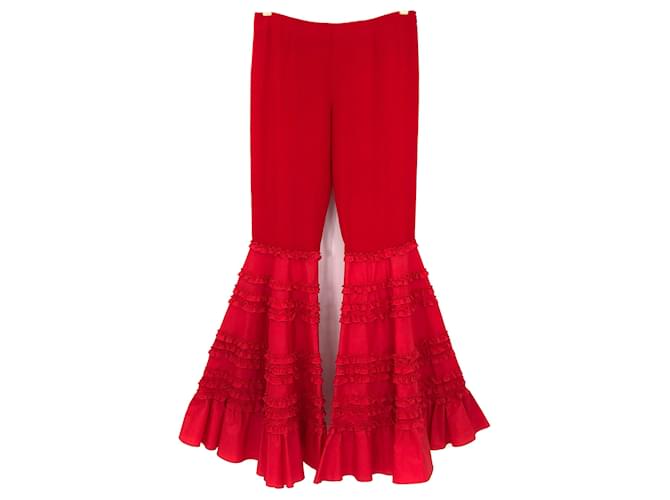 Valentino pants in red crepe silk with flared ruffle  ref.508418