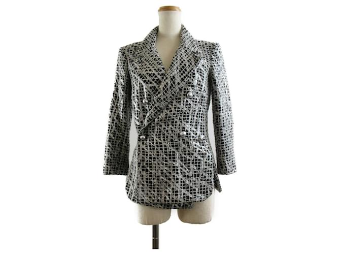 *[Used] Chanel Jacket Tailored Jacket Outerwear Cotton Silver Black / # 34  ref.508533