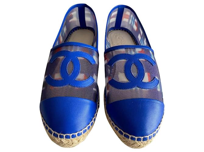 CHANEL CC Logo Espadrilles Flat Shoes size 38 Ivory Blue Boxed