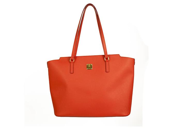 MCM coral red saffiano leather large Project tote shopper bag  ref.508734